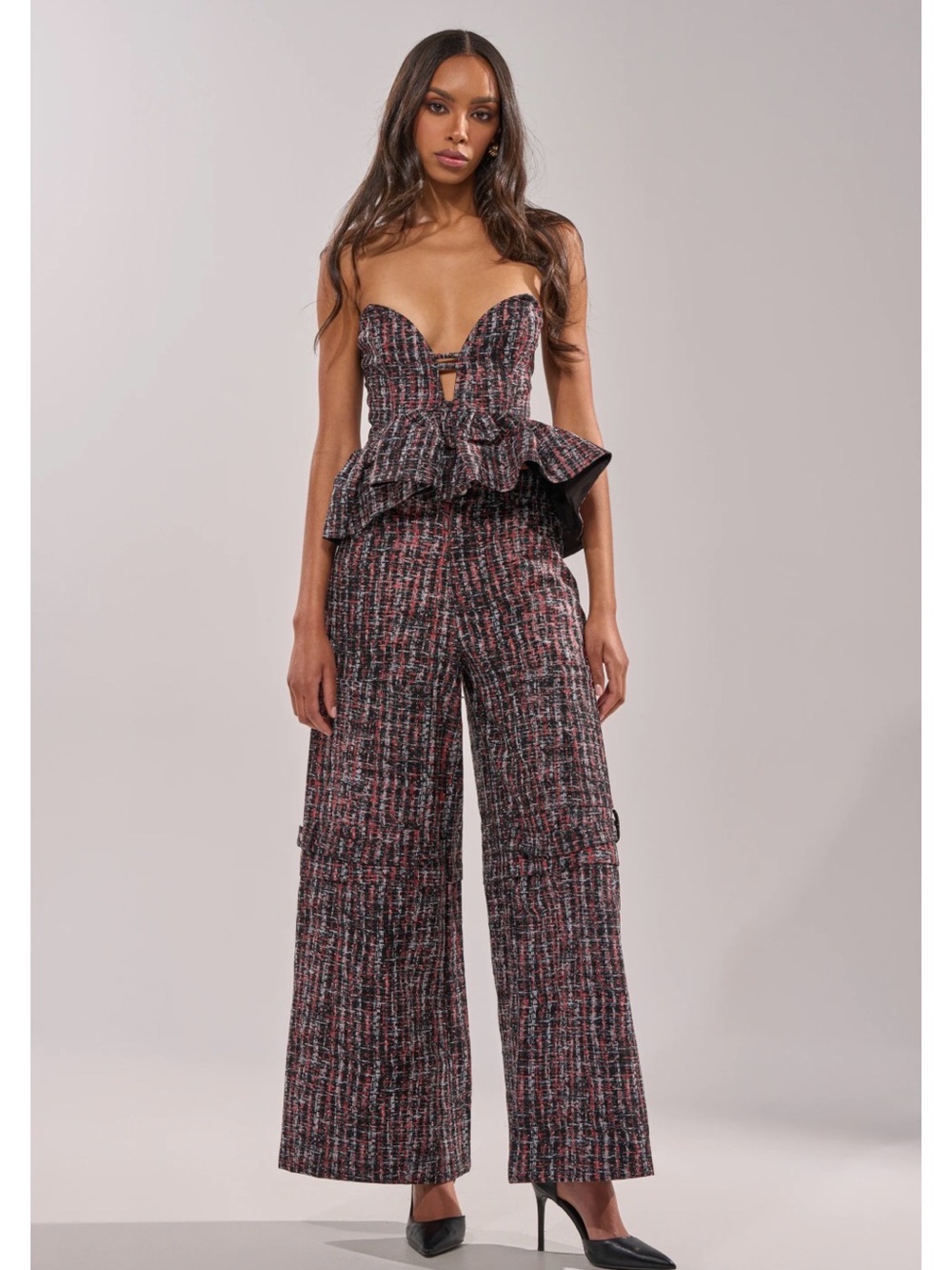 AKIRA Strapless Peplum WORK IT FAUX LEATHER PLAID CORSET and pantsBlack and Pin